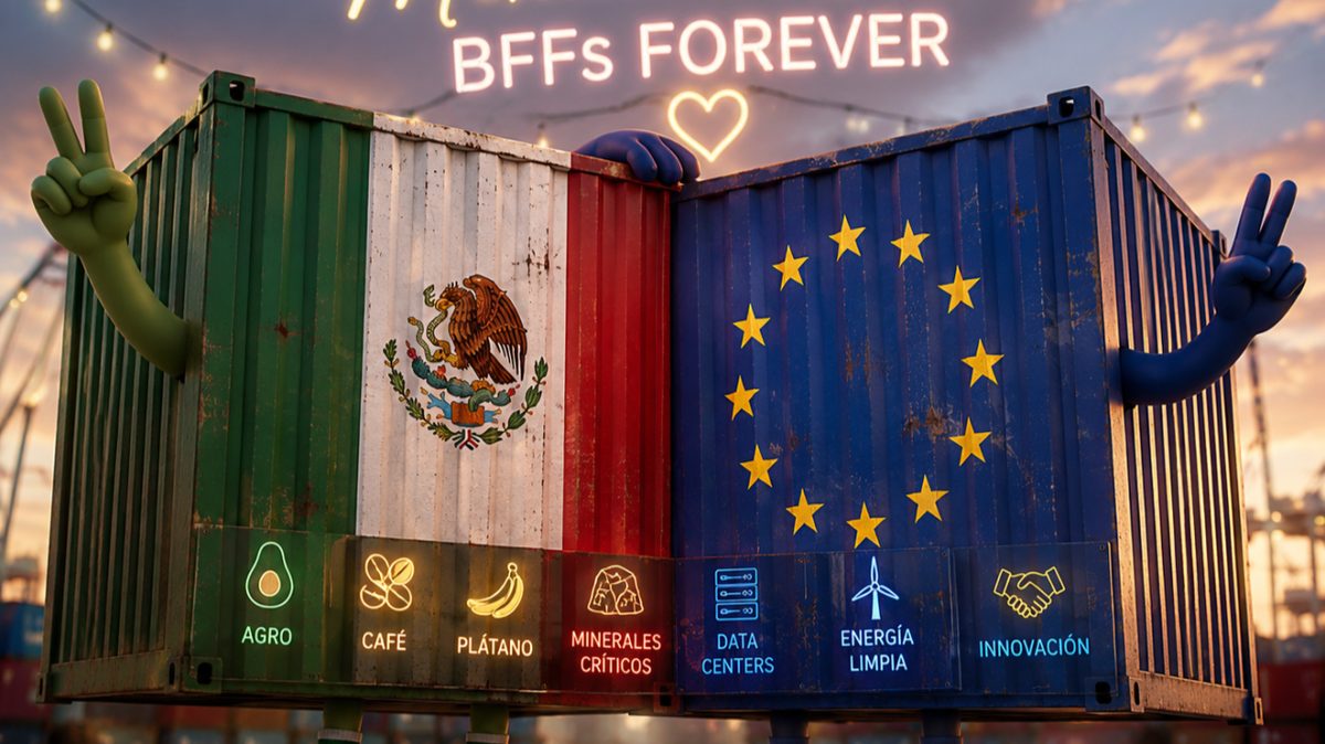 Conteneurs aux couleurs du Mexique et de l’Union européenne, illustrant les secteurs de l’accord commercial modernisé